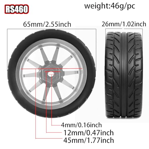REDSPIDER 4PCS 1/10 RC Rally Tires and Aluminum Alloy Wheels, 12mm Hex Hubs 65mm OD On-Road RC Car Rims for Tamiya TT01 TT02 XV01, Traxxas, HPI, Kyosho, HSP PTG2 (Silver) - color: Silver