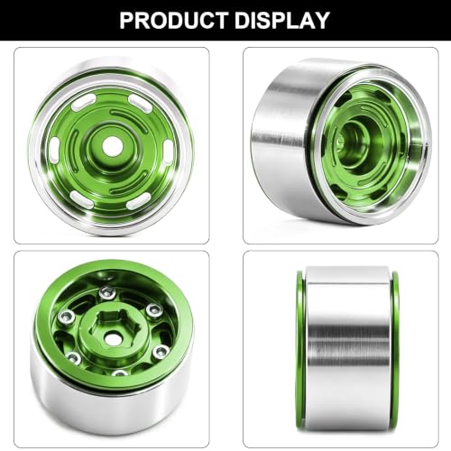 1.0" Beadlock Aluminum Wheels and 64mm Soft Rubber Tires | for SCX24, TRX4M, Ascent 18, FCX24, 1/18 1/24 RC Crawler, 7mm Hex, 0mm Offset, with Foam Inserts, (Green A) - color: Green a