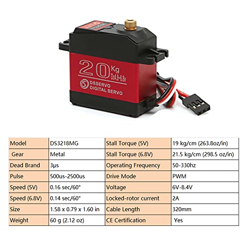 RDS3218 Digital Servo, 20KG Dual-Axis High Torque, Waterproof IP66, Full Metal Gear with U Bracket, 180° Adjustable, for RC Cars, Crawler, Robot, 1/8 1/10 Scale Buggy (2PCS 270 Degree Servo)
