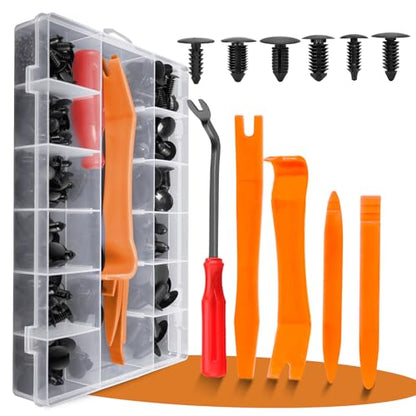 OTUAYAUTO 155PCS Universal Nylon Single Headed Christmas Tree Style Bumper Fastener Clips - Car Truck Pickup Body Fender Shield Retainers Rivets Assortment of Door Panel Push Pins with Removal Tool - size: 150Pcs 6 Sizes Clips with 5 Removers for Cars