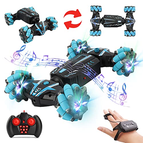 GoolRC Gesture Sensing RC Stunt Car with Light & Music, 4WD 2.4GHz Remote Control Car, Hand Controlled RC Cars with Double Sided 360?Rotating and Cool Spray (Blue)