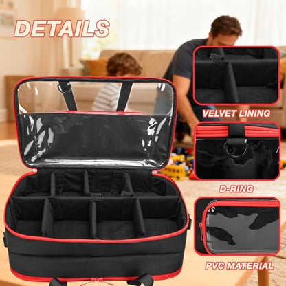 CROTIRAD 1:64 Scale Monster Truck Storage Case, Holds 20+ Die-Cast Vehicles | Carrying Organizer with Removable Dividers, Velvet Lining, Clear PVC Panels, Front Pocket, Shoulder Strap and D-Ring, Black