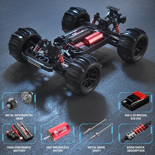 Brushless RC Cars for Adults, 1/16 Scale RC Truck, 55KM/H High Speed Remote Control Car, 2.4GHz 4WD All Terrains Off-Road RC Monster Truck with LED Light and 3 Rechargeable Batteries (Green) - size: 3 Batteries