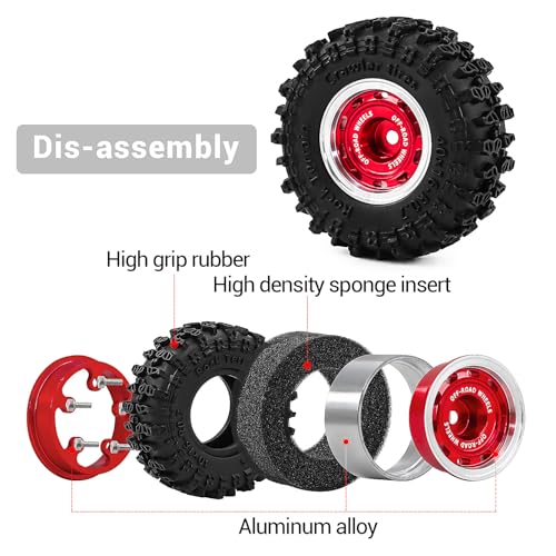 0.7" Aluminum Beadlock Wheels and Tires Set for 1/30 Axial SCX30 RC Crawler – Upgrade Parts (Red-297) - color: Red-297