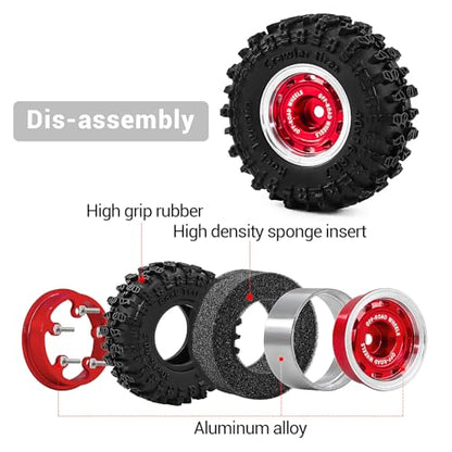 0.7" Aluminum Beadlock Wheels and Tires Set for 1/30 Axial SCX30 RC Crawler – Upgrade Parts (Red-297) - color: Red-297