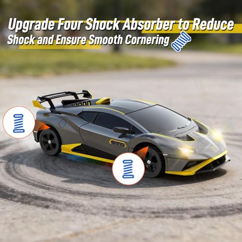 YONCHER RC Drift Car, Remote Control Car for Kids Lamborghini Officially Licensed, 1:24 20KM/H 4WD RC Cars with Lights, Fast Racing Toy Car for Boys Girls, Gray - color: Sto Gray