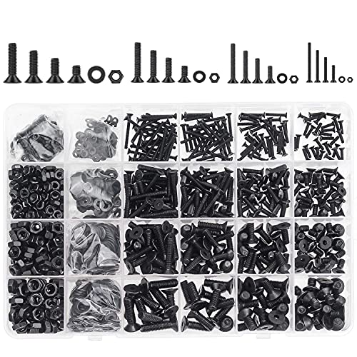 DYWISHKEY 1220 Pieces M2 M3 M4 M5, 10.9 Grade Alloy Steel Hex Flat Head Cap Bolts Nuts Washers Assortment Kit with Hex Wrenches - color: oxide black
