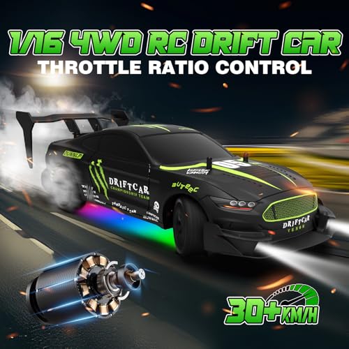 1/16 RC Drift Car 2.4Ghz 4WD Remote Control Cars with Spray & Led Lights 1/28 Scale Gesture Sensing RC Stunt Cars Toys for 6-12 Years Old Boys Girls