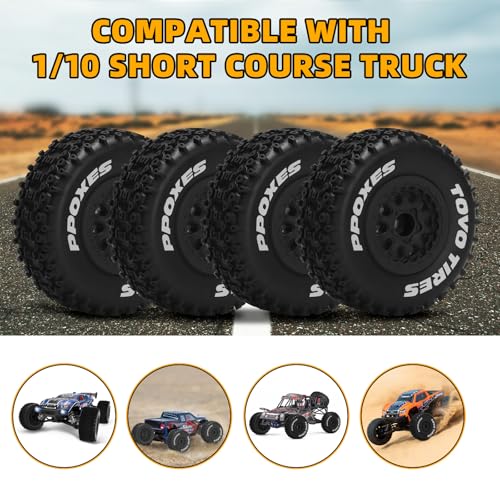 1/10 RC Short Course Tires 12mm Hex RC Wheels and Tires RC Truck Tires for RC Off-Road Car RC Car Wheels for Traxxas TRX4 Slash Arrma Losi Tenacity Vkar 10sc Hpi RC Buggy Car 4PCS (Style C) - Black