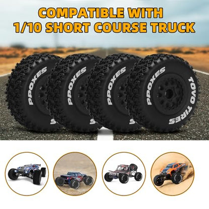 1/10 RC Short Course Tires 12mm Hex RC Wheels and Tires RC Truck Tires for RC Off-Road Car RC Car Wheels for Traxxas TRX4 Slash Arrma Losi Tenacity Vkar 10sc Hpi RC Buggy Car 4PCS (Style C) - Black