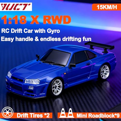 YUCT 1/18 RC Drift Car,2.4Ghz RWD LDRC Drift Car with Metal Tires & Gyro | LD1899 Nissan Skyline Alloy Shell - color: Ld1899-blue