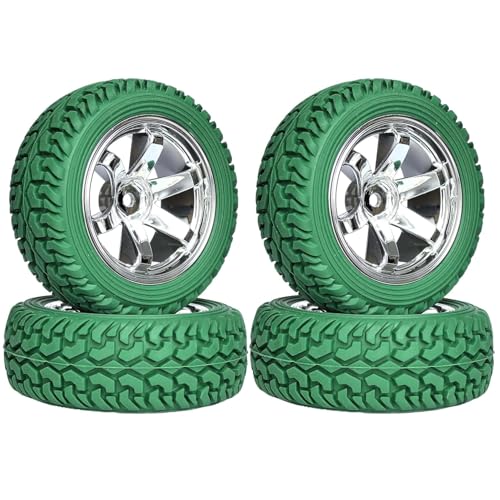 4PCS 75mm Rubber Tires and 6Spokes Plastic Wheel Rims Tyre for 1/10 RC On-Road Drift Racing Car 1:14 1:16 Rally Car for Tamiya Kyosho HPI HSP TT02 Upgrades Parts (Green Silver) - color: Green Silver