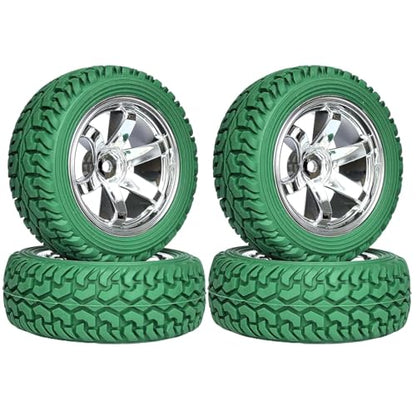 4PCS 75mm Rubber Tires and 6Spokes Plastic Wheel Rims Tyre for 1/10 RC On-Road Drift Racing Car 1:14 1:16 Rally Car for Tamiya Kyosho HPI HSP TT02 Upgrades Parts (Green Silver) - color: Green Silver