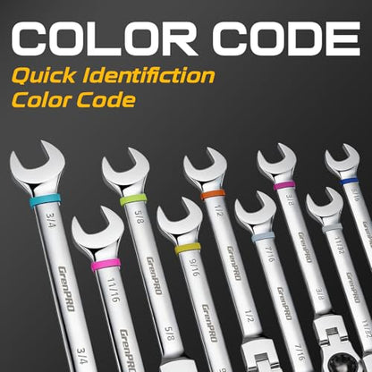 GRENPRO 23PC Flex Head Ratcheting Wrench Set SAE & Metric Mechanic Tools | 1/4"-3/4"&6-18MM Bolt Gauge, CR-V Steel 72-Tooth 180-Degree Flex Head 12Pt, Color Rings, Roll Pouch For Auto & Home Repair - style: 23PCS Flex Head Ratcheting Wrench Set Metric&SAE