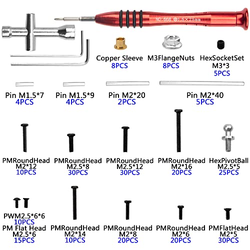 260PCS Repair Tool Kit M2 M2.5 Fastener Screw Bolts Hex Wrench Swing Arm Pins Ball Head Screw Compatible with WLtoys 1/18 A949 A959 A969 A979 K929 RC Car