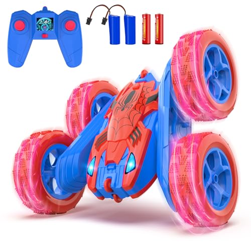 Spider Remote Control Stunt Car, Double-Sided,360°Spins, Ages 4-12 | Double-sided 4WD RCstunt car featuring360°spins,LED headlight and rechargeable batteries for exciting indoor and outdoor play - color: Spider-blue&red