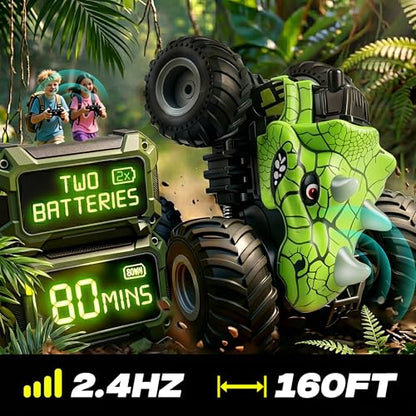 BEZGAR Monster Truck Toys, RC Cars with Mist Spray & Light, Two Batteries | Green Dinosaur Toys, 360° Stunt Spins RC Truck with Music, 4WD Remote Control Car for Boys 4-7, 40+ Mins Battery Life - color: Green