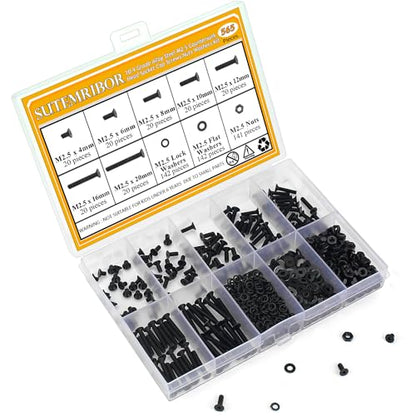 565 Pieces M2.5 Screws Nuts Washers Set Black, Sutemribor M2.5 x 4/6/8/10/12/16/20mm Countersunk Head Socket Cap Screws Nuts Washers Assortment Kit, 10.9 Grade Alloy Steel, Fully Threaded - size: M2.5, style: Countersunk Head Socket Cap