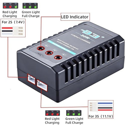 Li-po Battery Charger for 2S 3S Battery,7.4-11.1V 20W with XH3P XH4P Plug B3 Charger for RC Toy & Model, RC Battery Chargers with Smart Chip for Airsoft Gun SCX24 Battery