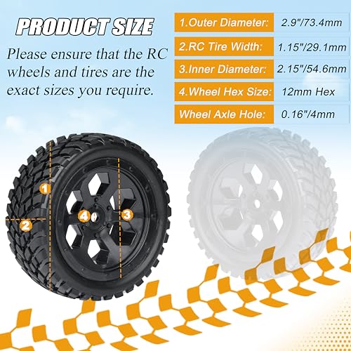 12mm Hex RC Wheels and Tires for Hyper Go H16BM H14BM Tires and Wheels 1/14 1/16 with Foam Inserts for Traxxas Wltoys 144001 etc 1/18 RC Car Street Tires Wheels Preglued
