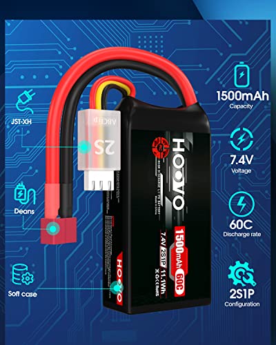 HOOVO 2S 7.4V 1500mAh 60C RC Lipo Battery Pack with T Connector 2 Packs | Softcase, for RC Boat Truck RC Helicopter Airplane Quadcopter UAV Drone FPV Racing Hobby Models