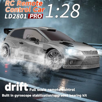 LD2801Pro Mini RC Drift Car 1/28 Scale RTR Remote Control 4WD Racing Cars with Gyro and 4PCS Drift Tires and LED Searchlight for Hobby Gift (Silvery) - color: Silvery