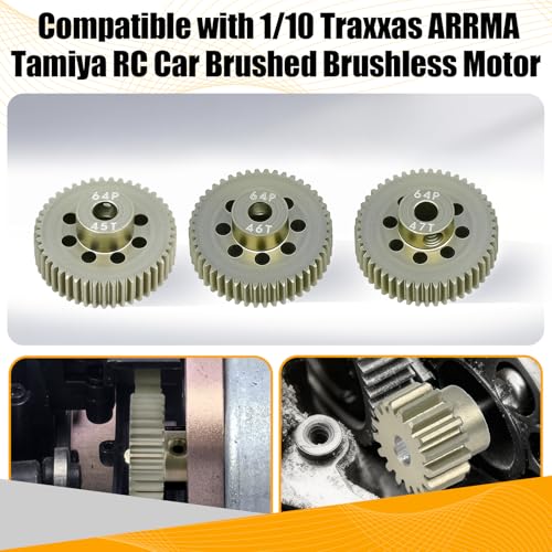 64P Pinion Gear 3.175mm Shaft 7075 Aluminum Alloy Motor Gears,0.6 Metric Pitch 45 46 47T with 1/8 Hole Pinion Gear Compatible with 1/10 Arrma HPI Kyosho Losi Axial Traxxas Tamiya RC Car - size: 45 46 47T