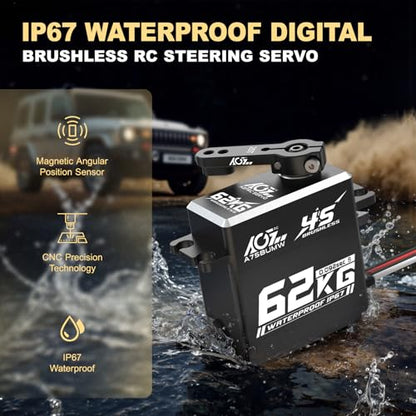 AGFRC 62KG 16.8V Waterproof Servo for 1/10 1/8 RC Cars (A75BUMW) | 0.092sec/60° @16.8V, Brushless Motor, Full Metal Gears, Digital, Programmable, Fits 1/10 & 1/8 RC Buggies / Trucks