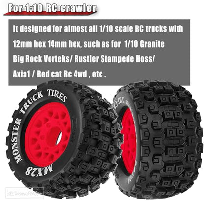 RC Wheels and Tires for 1/10 RC Scale Car,Rustler Stampede Hoss,Granite Vorteks Big Rock 3S,MX28 2.8" Truck Tires and Wheels w/ 12mm/14mm Hex,4pcs,Red - color: Red(4pcs)