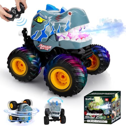 Drefirsa Remote Control Car for Boys 4-7 8-12, Dinosaur Monster Truck Toys with 50min+ Runtime, Spray, LED Light, 360° Rotating & 90° Driving, RC Stunt Car for Kids Birthday | 50min+ Runtime,Stunt, Spray, LED Light, Rotating, Upright Driving, RC Stunt Car