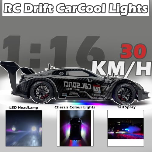 HTURCCOP 1:16 RC Drift Car 2.4GHz Spray 4WD LED Lights 30+KM/H High Speed Remote Control Car 2 Batteries 60Min Infinitely Variable Speed Drift Car Toys for Adults and Kids (Black 1:16) - color: Black 1:16