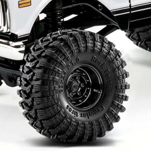 1.0" Beadlock Aluminum Wheels and 63mm Soft Rubber Tires | for SCX24, TRX4M, Ascent 18, FCX24, 1/18 1/24 RC Crawler, 7mm Hex, 0mm Offset, with Foam Inserts, (Black) - color: Black