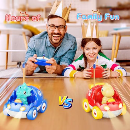 Kidz do 2 Pack Dinosaur Remote Control Cars Toys for Kids 2 3 4 5 Years Old, Christmas Birthday Gifts for Boys and Girls Ages 2-5, Dino Race Car Toddlers Toys with Music and Light(Red Blue) - color: Blue&red