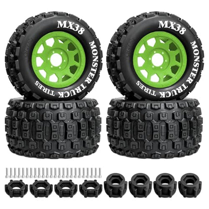 LRFHL MX38 F/R 3.8" RC Tires and Wheels with 17mm Hex Adapter, 4PCS, Green | 1/7 1/8 RC Monster Truck Tires, for Arrma Notorious Outcast Kraton 6S Traxxas E-Revo RC Car Upgrade - color: Black Tires+ Green Wheels