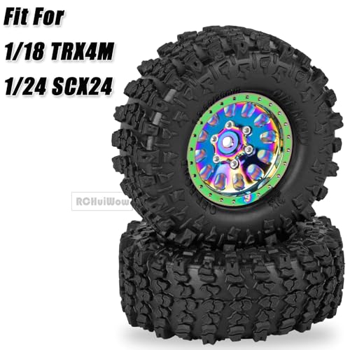 1.3 Beadlock Wheels 1.3 Beadlock Tires 1.3" RC Wheel and Tires Set for 1/18 TRX4M 1/24 SCX24 RC Crawler Car,Alloy Aluminium 1.3 RC Wheel Rims Super Large Soft Tires,4pcs,Rainbow - color: Rainbow(4pcs)