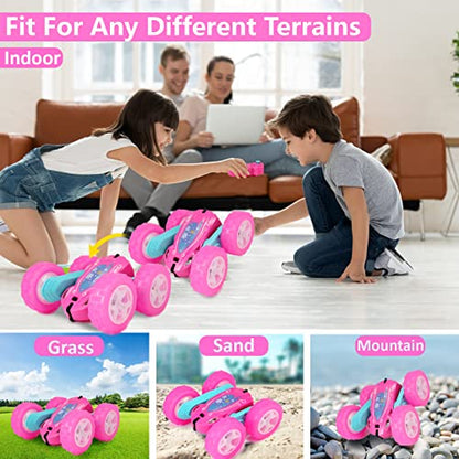 FREE TO FLY Remote Control Car for Girls : Pink RC Car Double Sided 360°Flip Stunt Cars with Headlights & WheelLights Rechargeable Toy Car Birthday Gifts for Girl Kids Age 6 7 8 9 10 11 12 Year Old - color: Pink Rose