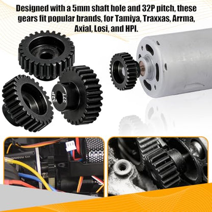32P 27T RC Car Gear Set | 45# Steel Black Oxide | 5mm Bore +0.03mm | Precision Engineered Motor Pinion Gear Compatible with Traxxas/ARRMA/HPI/Kyosho (3-Pack with M4 Set Screws) - style: 3Pcs 27T
