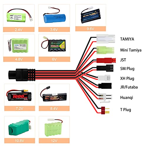 AMK Smart RC Battery Charger for 2.4V-12V NiMH/NiCd Battery Pack, Supports RC Cars, Helicopters, Trucks & More, 8 Different RC Charging Plugs, 12V Output