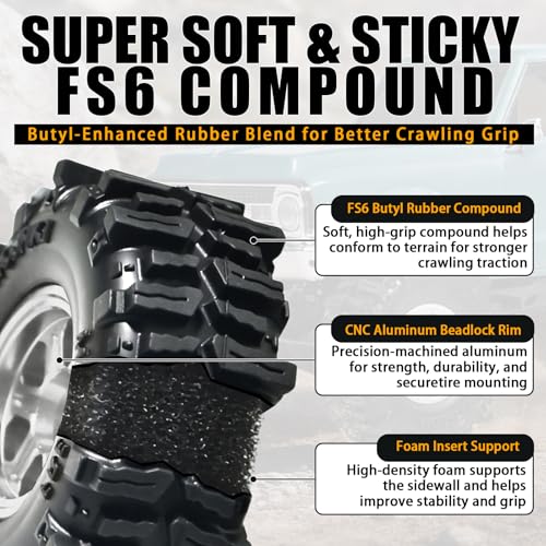 0.7” FS6 Super Soft Rubber Tires & CNC -1mm Offset Aluminum Beadlock Rims, 40×16mm Micro Crawler Wheels Tires Set for Axial SCX30 Redcat Ascent-32 1/30–1/32 RC Crawler, 4PCS Silver - color: Silver