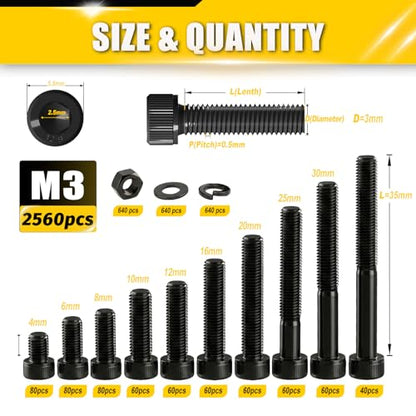 M3 Screws Kit 2560Pcs, M3 Socket Head Cap Screws Assortment 10 Sizes M3x4/6/8/10/12/16/20/25/30/35mm With Nuts Washers 12.9 Grade Alloy Steel Black Zinc Plated Machine Screws 3D Printing DIY - size: M3 Kit 2560pcs / 10 Sizes