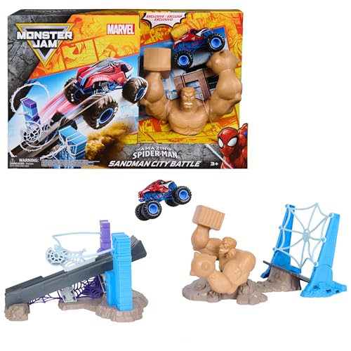Monster Jam Marvel Spider-Man, Sandman City Battle Monster Truck Playset | Exclusive 1:64 Spider-Man, Rotating Sandman Obstacle, Sling-Powered Launcher, Pretend Play Gifts for Kids Ages 3+ - style: Spiderman City Playset