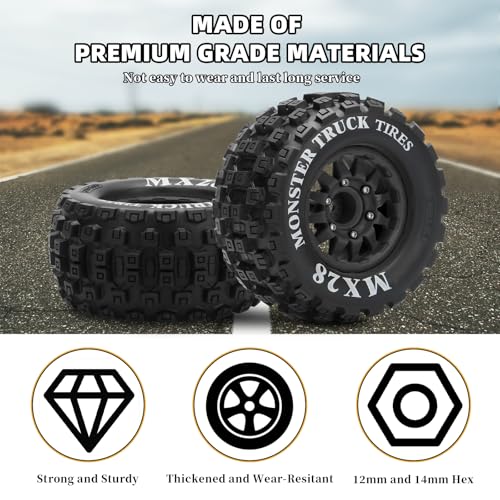 2.8" RC Tires with 12mm/14mm Hex Adapter 1/10 Scale RC Truck Tires RC Wheels and Tires Set for Traxxas Arrma Rustler Stampede 4PCS (Black) - Not Glued - color: Black