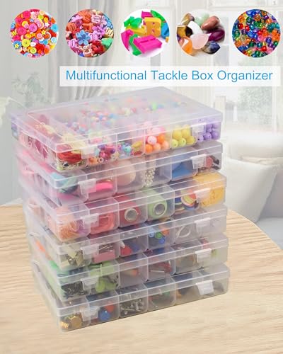 6 Pack 36 Grids Bead Organizer Tackle Box Organizers Plastic Organizer Box with Dividers Craft Storage Containers for Beads, Jewelry Clear Boxes Organizers