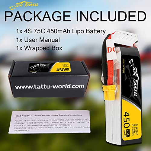 Gens ace Tattu 4S Lipo Battery 14.8V 450mah 75C Lipo Battery XT30 Plug for H Frame Mini RC Racing Drone FPV