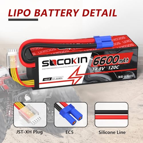 4S 6600mAh Lipo Battery 14.8V 120C Lipo Battery with EC5 Connector Hard Case for RC Car Truck Tank RC Buggy Truggy RC Model Racing Hobby