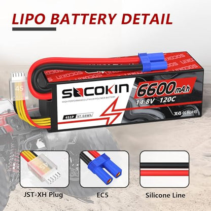 4S 6600mAh Lipo Battery 14.8V 120C Lipo Battery with EC5 Connector Hard Case for RC Car Truck Tank RC Buggy Truggy RC Model Racing Hobby