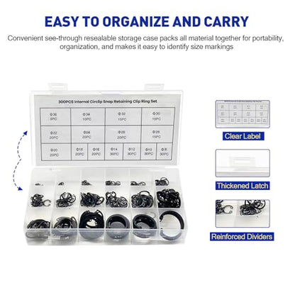 Boatsea 300-Pcs Internal Circlip Snap Retaining Clip Ring Assortment Set, Alloy Steel Internal Snap Ring Circlip Snap Retaining Clip Ring Assortment Set, Includes 15 Sizes of M8-M36 - size: Internal Retaining 300PCS