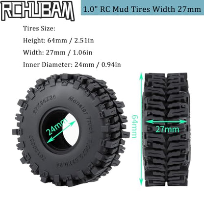 RCHUBAM 4Pcs 1.0" Rubber Tires for 1/18 TRX4M & Redcat Ascent-18 | 1.0" Tire,OD 64mm, W 27mm, ID 24mm