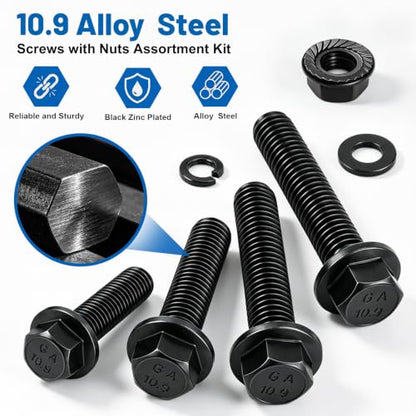 250PCS M8 Flange Bolts and Nuts Assortment Kit, Grade 10.9 Alloy Steel | Black Zinc Plated Metric M8-1.25 x16/20/25/30mm Hex Screws Flat & Spring Washers for 3D Printer, RC Car, Drones, DIY Repair - size: G10.9 M8 250PCS