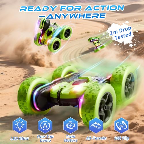 Remote Control Car – 4WD 360° Flip Double‑Sided RC Stunt Car LED Light Bar & USB‑C Modular Battery, Off‑Road Toys for Boys Ages 6‑12, Birthday Gift, Black‑Green - color: Black&green
